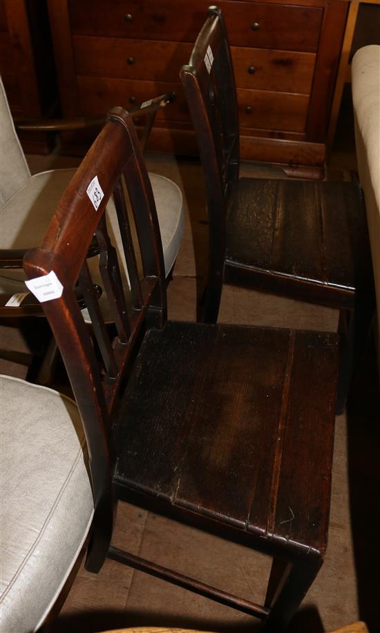 Ash rush seated rocking chair and a pair of Regency oak wood seat chairs (3)(-)